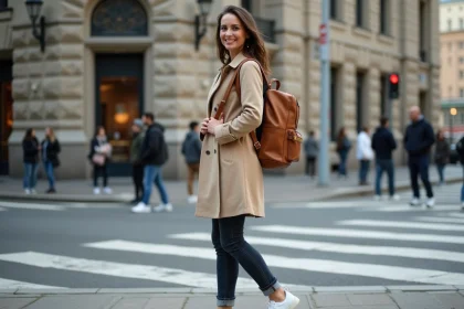 Femme en trench beige dans une ville dynamique