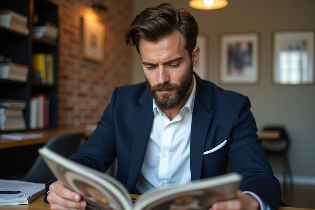 Homme en blazer et barbe Van Dyke en intérieur moderne