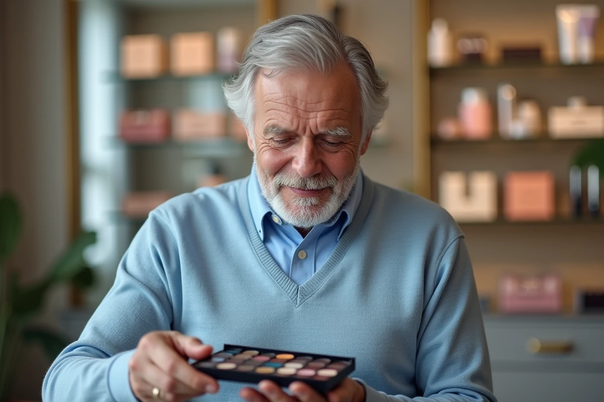 Homme regardant une palette de maquillage dans une boutique chic