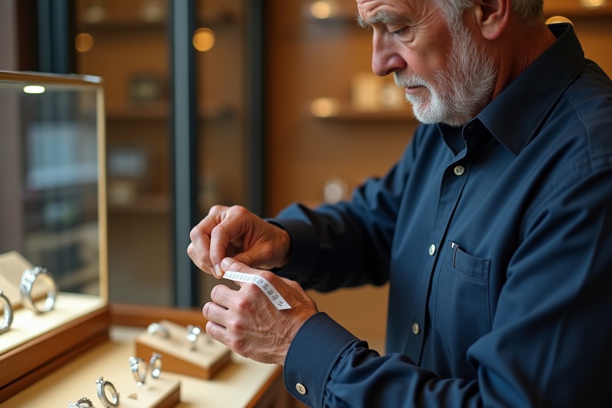 Homme mesurant son doigt avec un ruban à la bijouterie