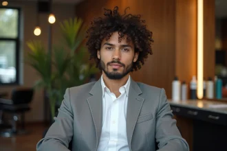 Homme élégant avec coupe fade dans un salon moderne