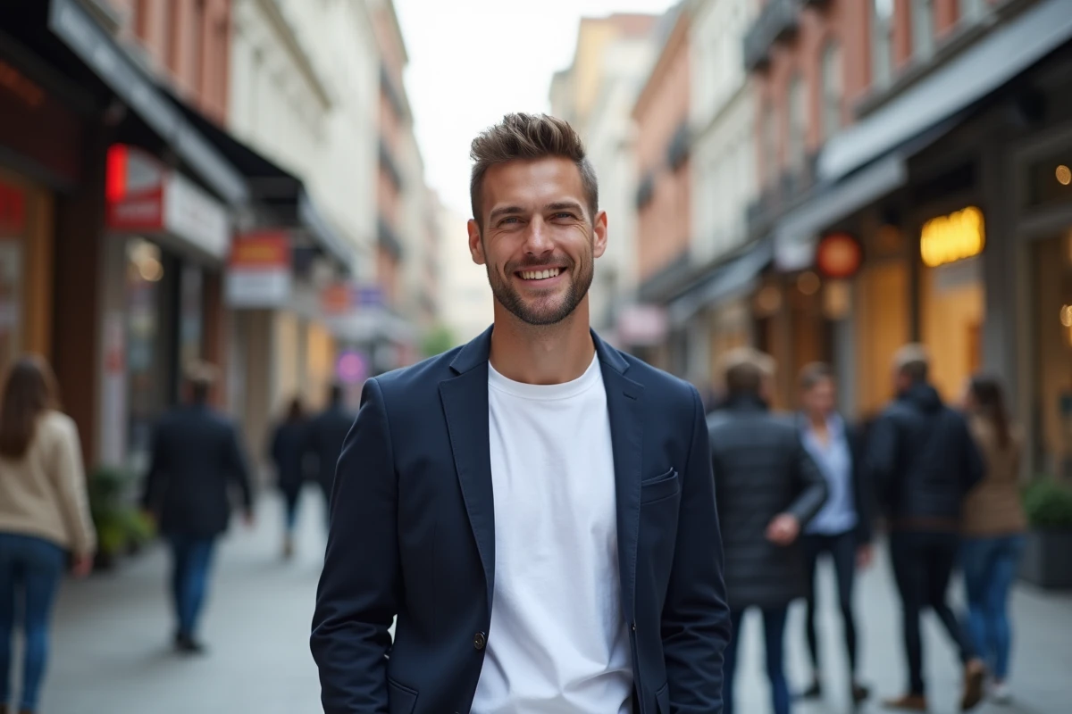 Homme élégant en ville avec blazer navy et sourire confiant