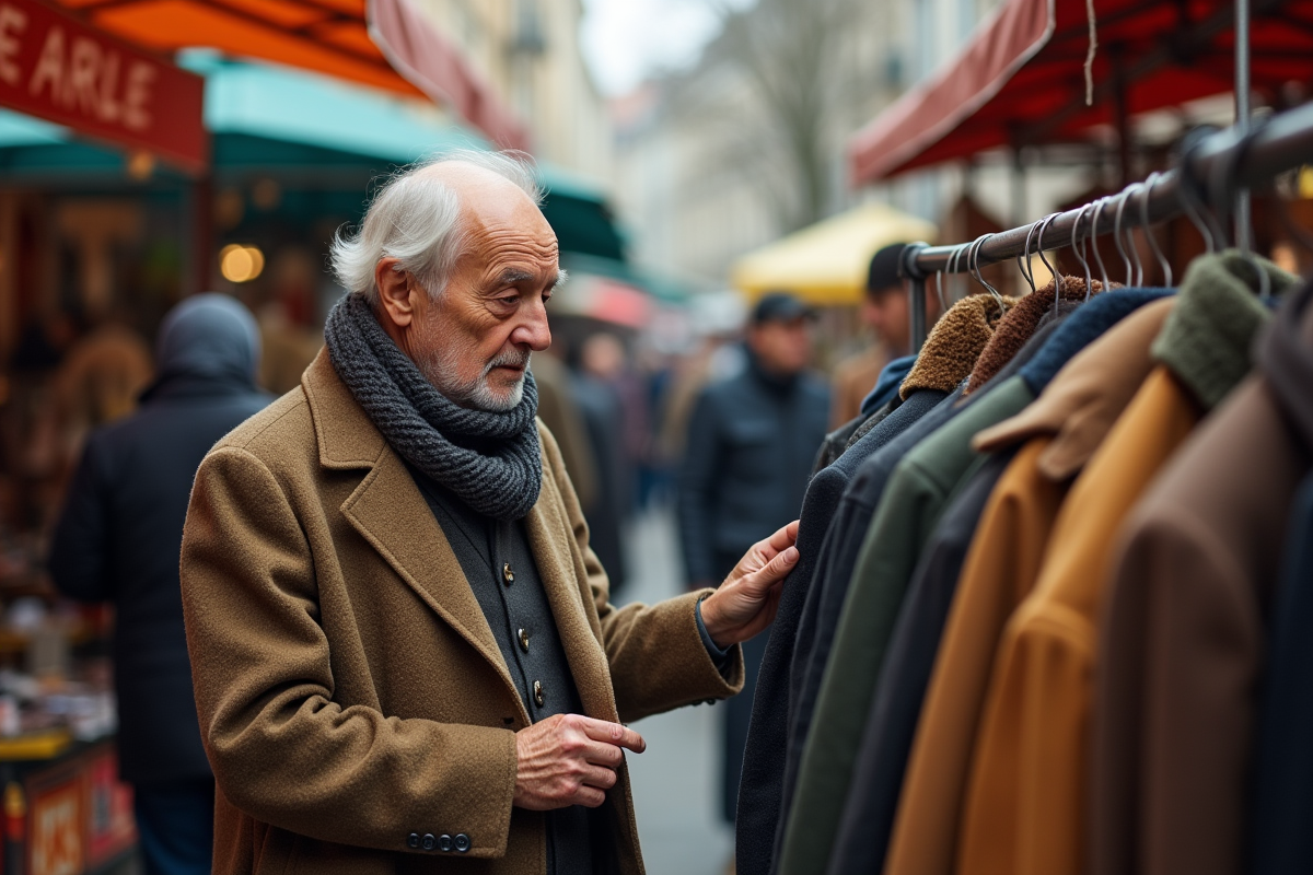Homme âgé inspectant une veste dans un marché aux puces animé