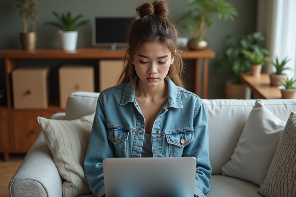 Jeune femme en streetwear avec laptop dans un appartement