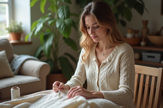 Jeune femme en tricot et pantalon en lin en train de réparer un vêtement