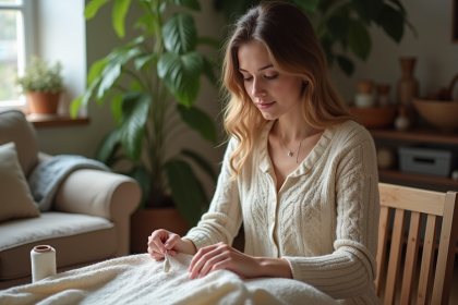 Jeune femme en tricot et pantalon en lin en train de réparer un vêtement
