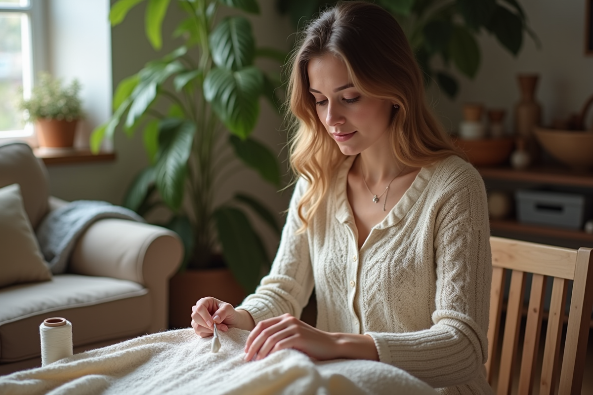 Jeune femme en tricot et pantalon en lin en train de réparer un vêtement