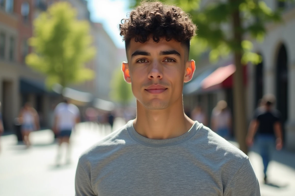 Jeune homme avec coupe fade dans une place urbaine ensoleillee