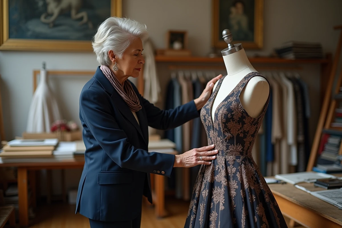 Créatrice de mode mature ajustant un mannequin dans son atelier