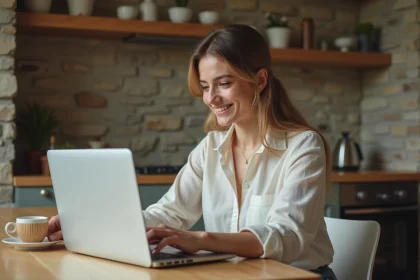 Femme souriante compare deux boutiques en ligne à la maison