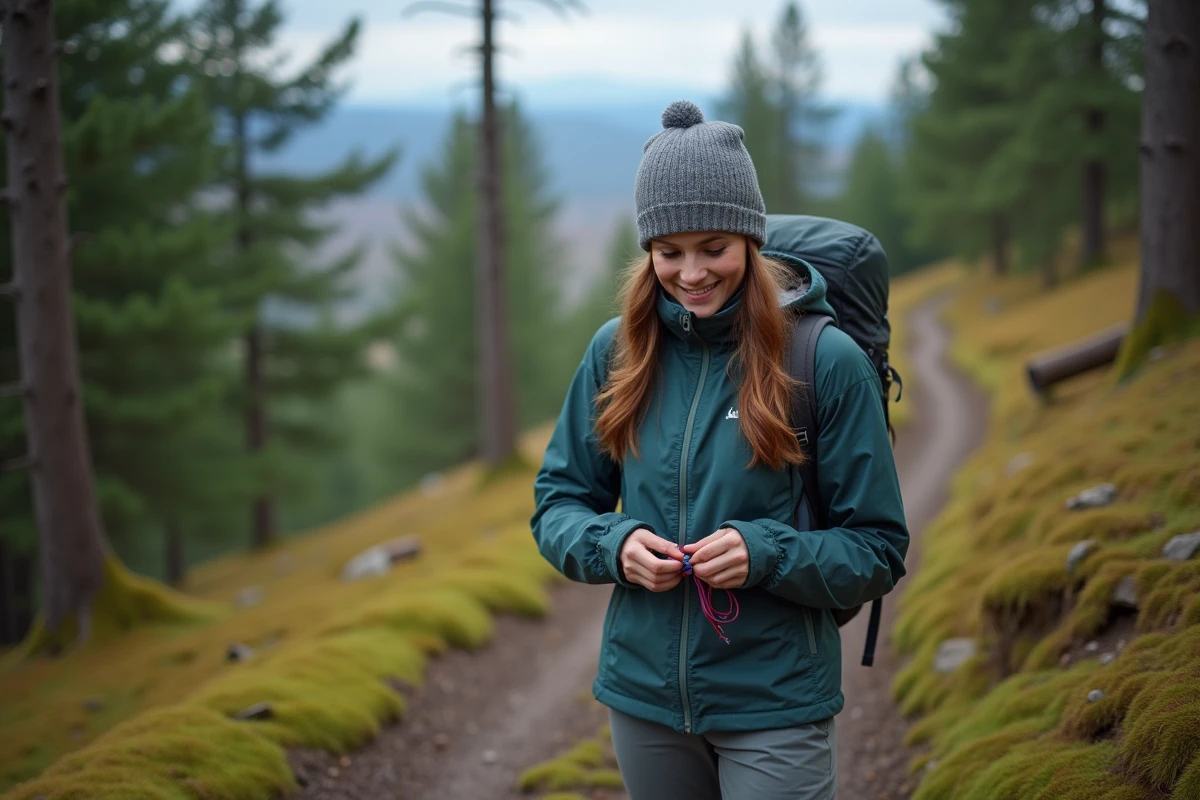 Jeune femme ajustant son bracelet paracord en pleine nature