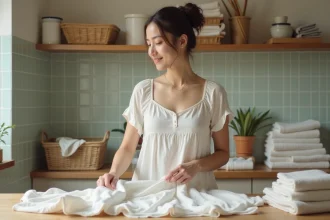 Femme repassant un vêtement en coton dans une buanderie lumineuse