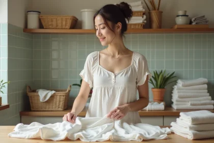 Femme repassant un vêtement en coton dans une buanderie lumineuse