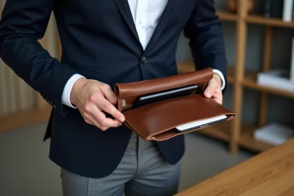 Homme d'affaires avec pochette en cuir dans un bureau