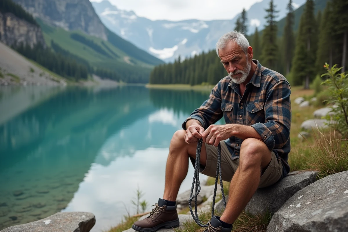 Homme montrant comment défaire un bracelet paracord au bord du lac
