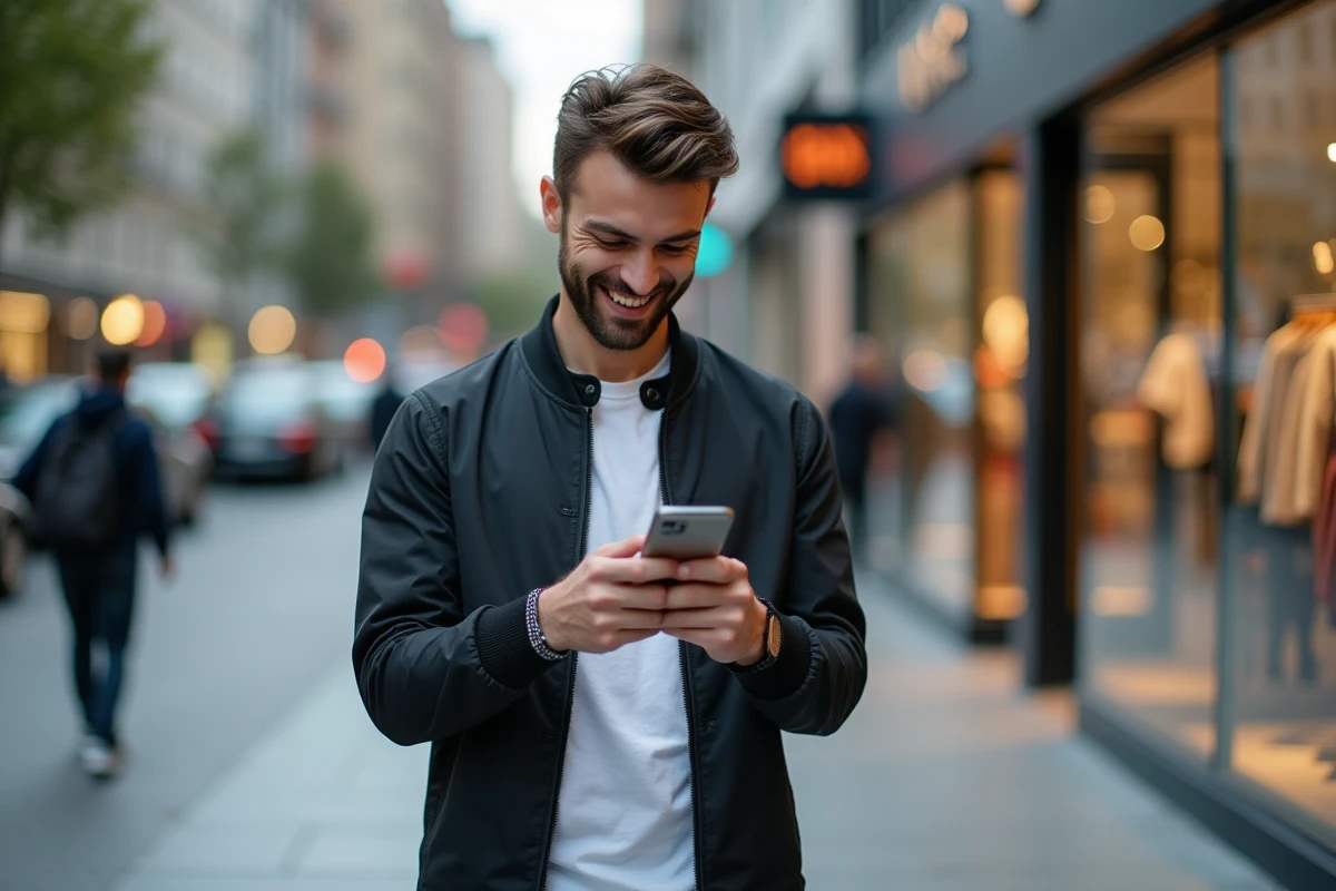Homme regarde sa commande en ligne dans la rue urbaine