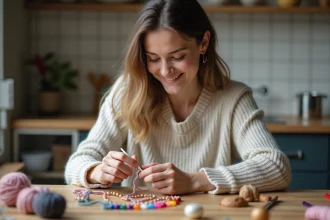 Jeune femme créant un bracelet avec des perles colorées