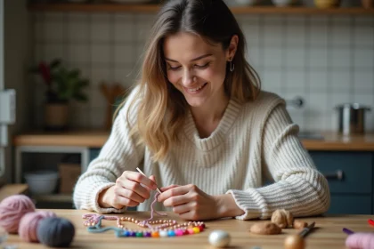 Jeune femme créant un bracelet avec des perles colorées