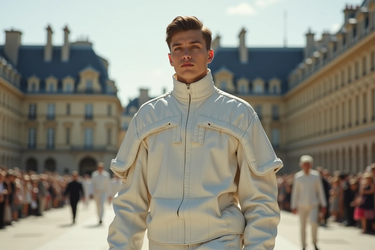 Jeune mannequin en couture futuriste défilant à Paris