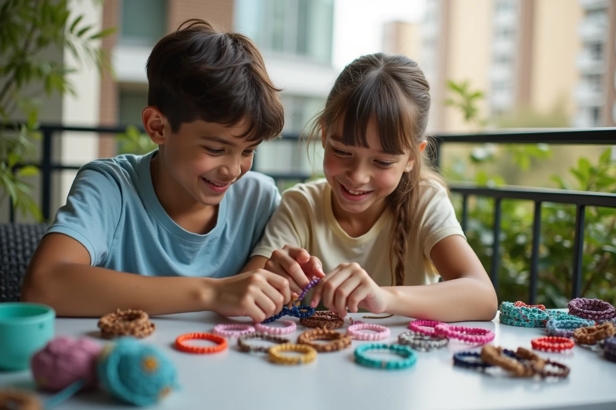 Maman et enfant fabriquant un bracelet sur un balcon ensoleille