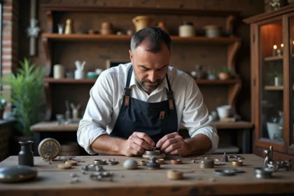 Artisan bijoutier façonnant une bague en argent dans son atelier