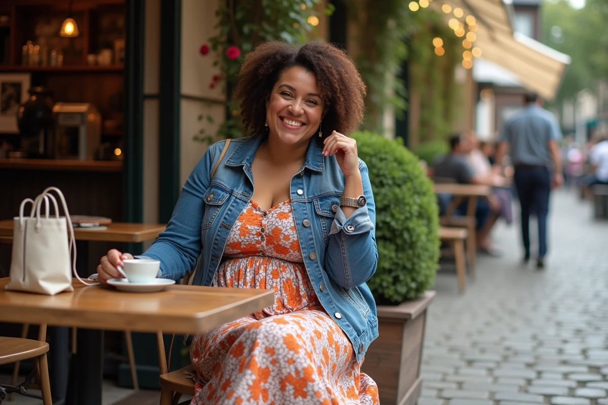 Femme plussize souriante buvant du thé au café