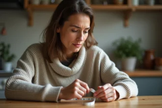 Femme mesurant sa bague avec un ruban dans la cuisine
