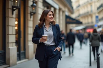 Femme confiante en style parisien avec blazer navy