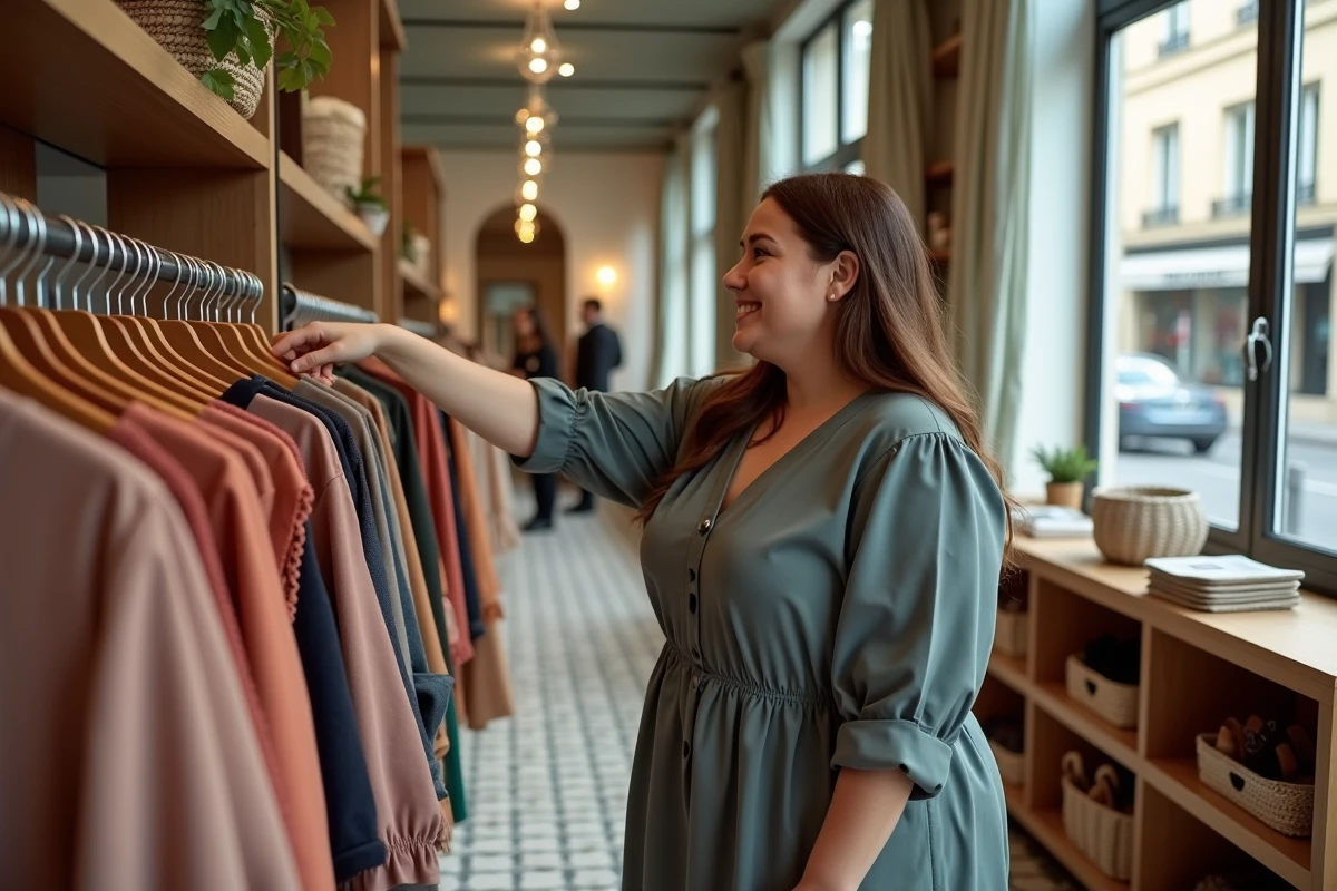 Femme plussize dans une boutique chic à Paris