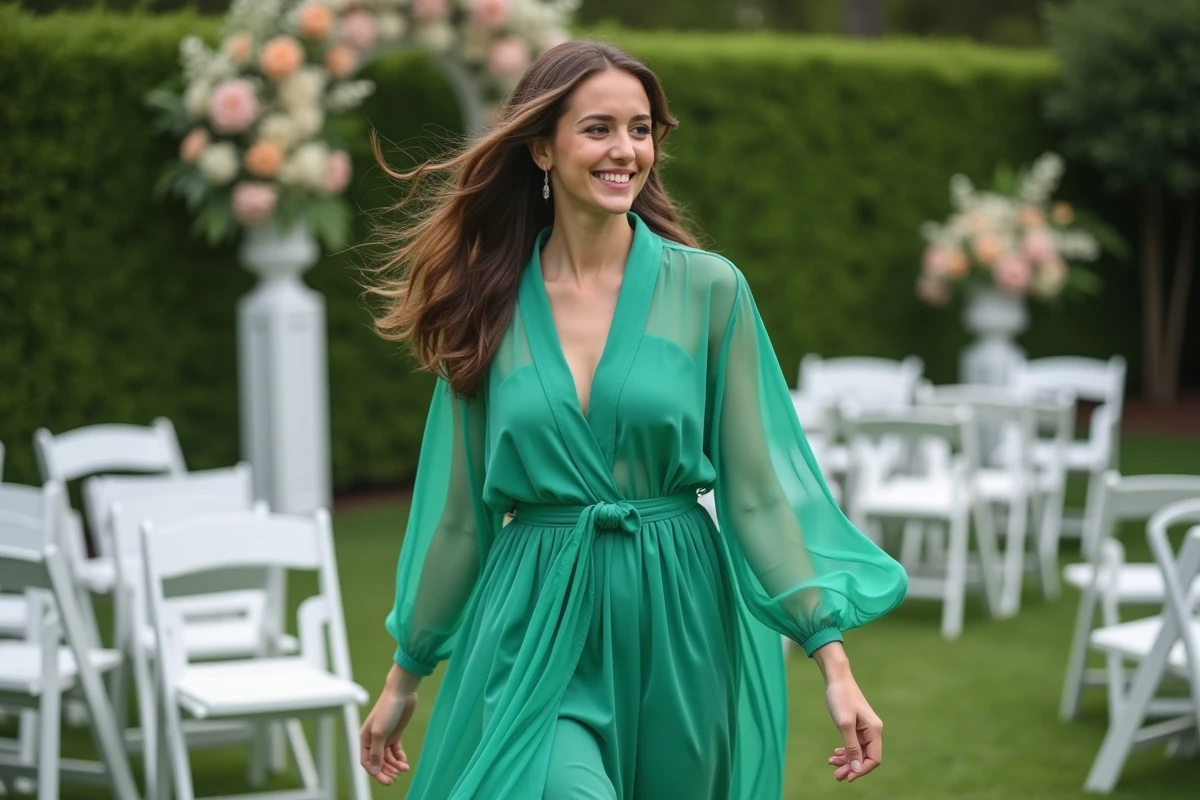Jeune femme en robe chiffon verte lors d