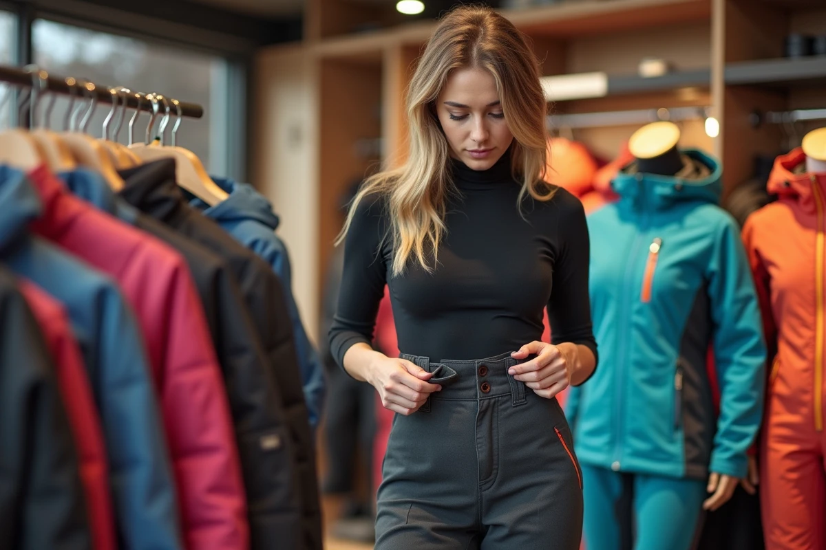 Femme ajustant pantalon ski dans un magasin de sports d