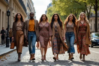Groupe diversifié marchant dans une rue parisienne