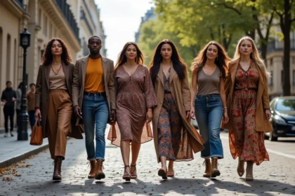 Groupe diversifié marchant dans une rue parisienne