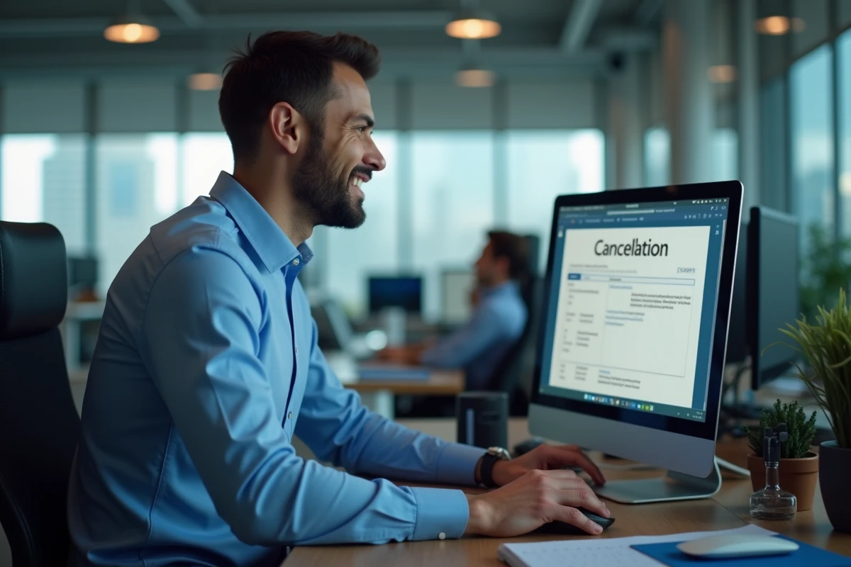 Homme en chemise bleue annule une commande sur son ordinateur au bureau