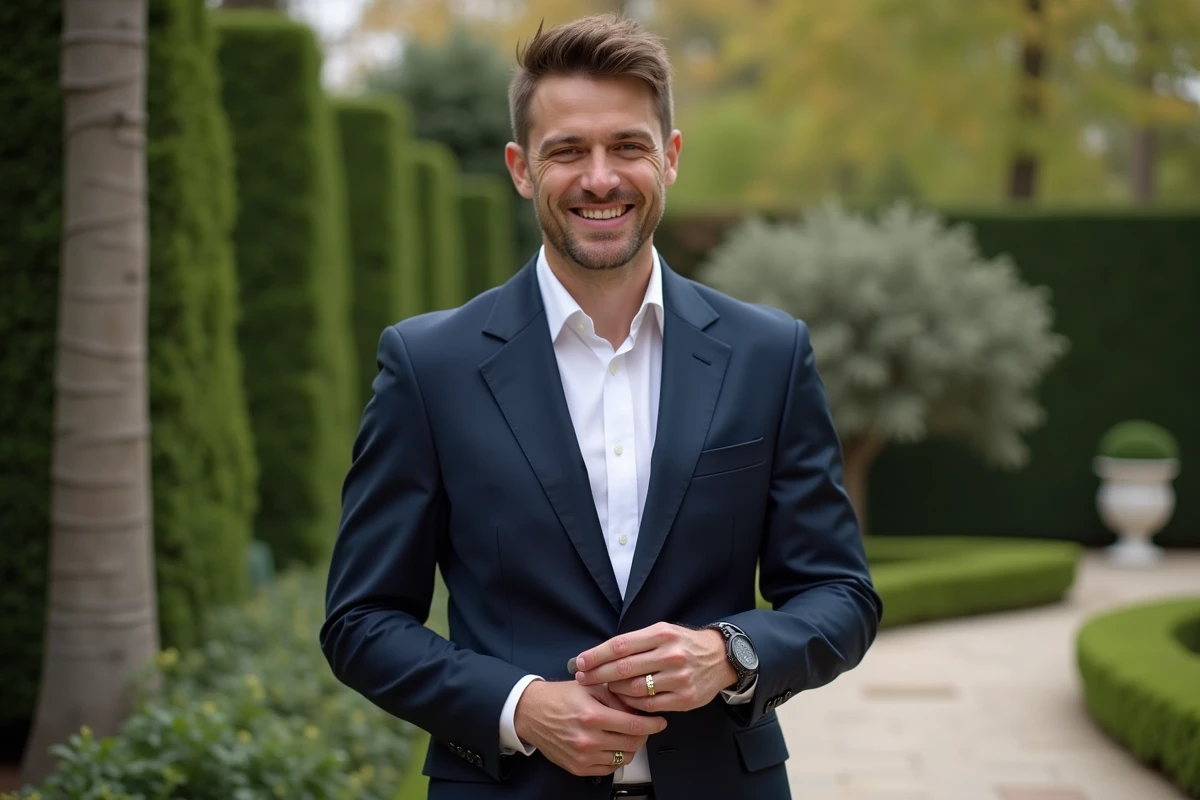 Homme en costume posant avec alliance de mariage