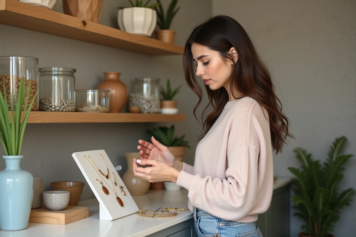 Jeune femme examinant un collier artisanal dans une boutique