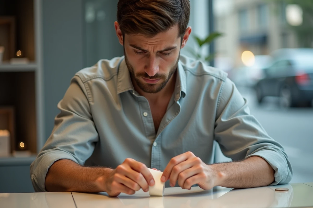 Jeune homme mesurant son doigt avec un papier dans une bijouterie