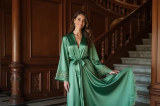 Femme en robe satin verte élégante dans une mansion