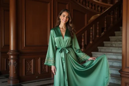 Femme en robe satin verte élégante dans une mansion