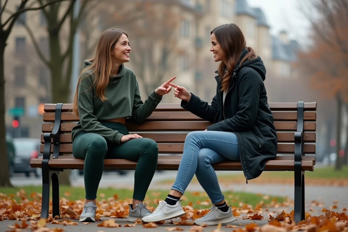 Deux femmes discutant d'un legging minceur sur un banc de parc en automne en ville
