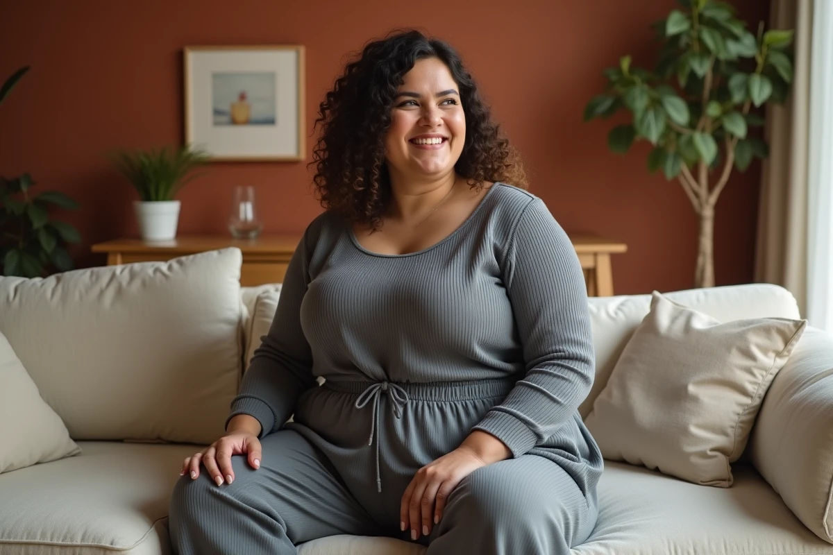 Femme ronde en tenue décontractée Thehalara assise dans un appartement moderne, mettant en valeur le confort et l'élasticité des grandes tailles