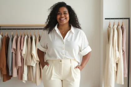 Femme grande taille portant un pantalon large et une blouse ajustée dans une boutique minimaliste, illustrant le maintien et la coupe des vêtements Thehalara