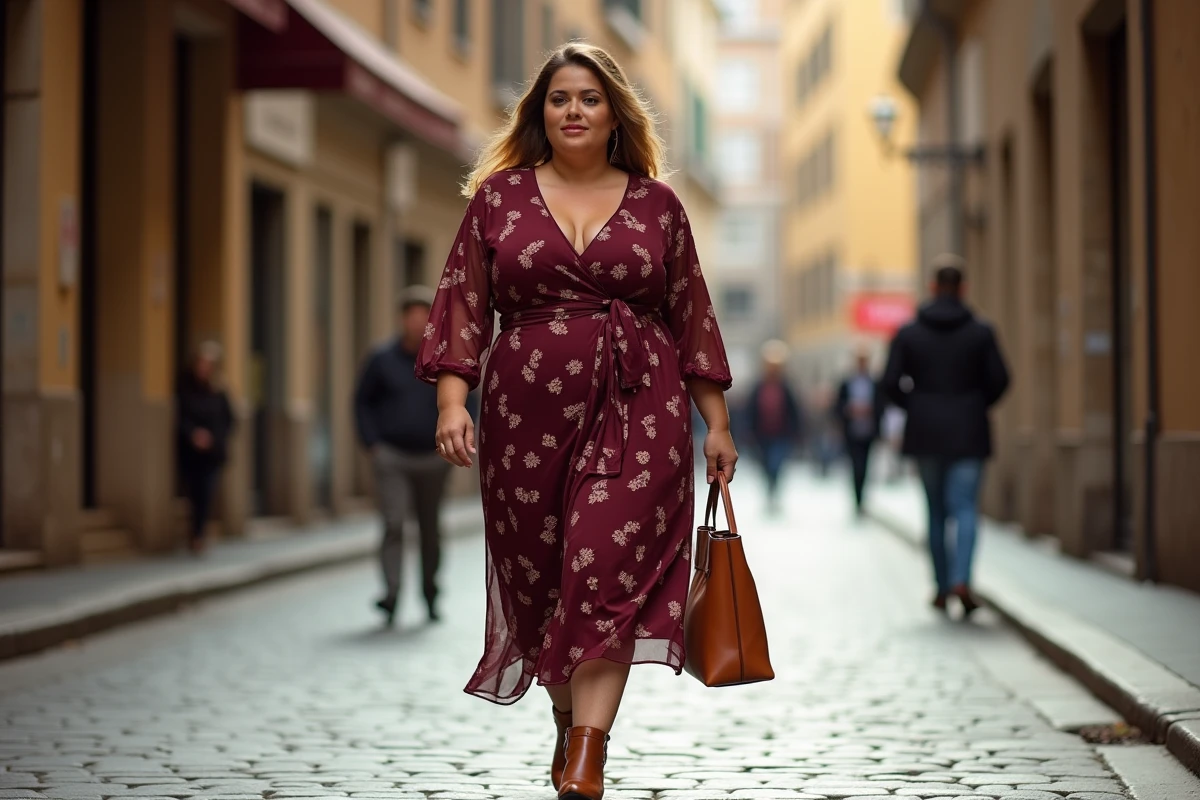 Femme grande taille en robe portefeuille Thehalara marchant dans une rue pavée européenne, illustrant la fluidité de la coupe et le style au quotidien