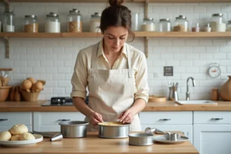 Femme pâtissière examinant des accessoires de pâtisserie Tess Goods sur un plan de travail en marbre dans une cuisine moderne