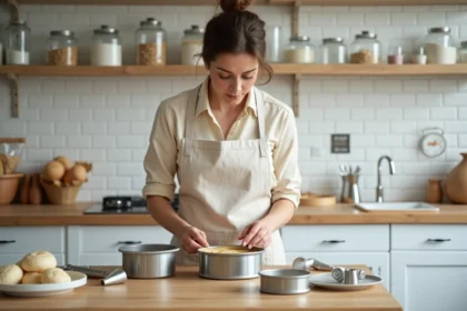Femme pâtissière examinant des accessoires de pâtisserie Tess Goods sur un plan de travail en marbre dans une cuisine moderne
