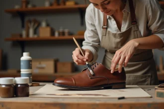 Femme appliquant de la peinture cuir sur une chaussure Oxford usée dans un atelier artisanal en bois