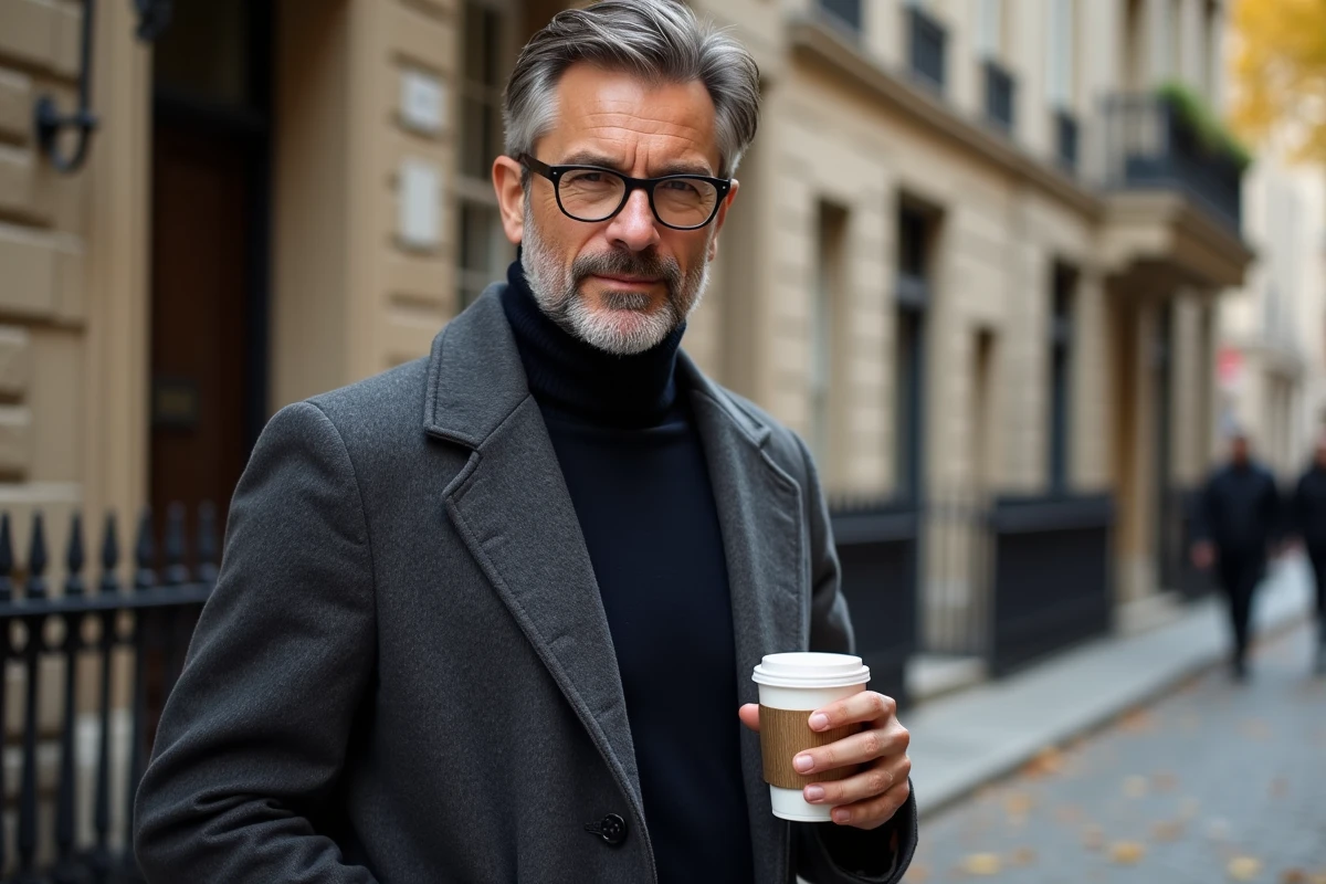 Homme élégant portant une bague en or au petit doigt dans une rue pavée européenne, allure sophistiquée et statut social affirmé