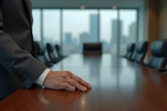 Homme en costume portant une bague au petit doigt gauche posé sur une table de réunion en acajou, symbole de statut social en milieu professionnel