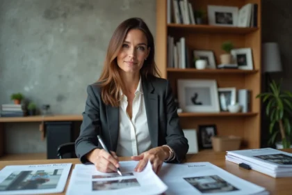 Beatrice Vonderweidt assise à un bureau éditorial avec des archives et portfolios photographiques en 2026