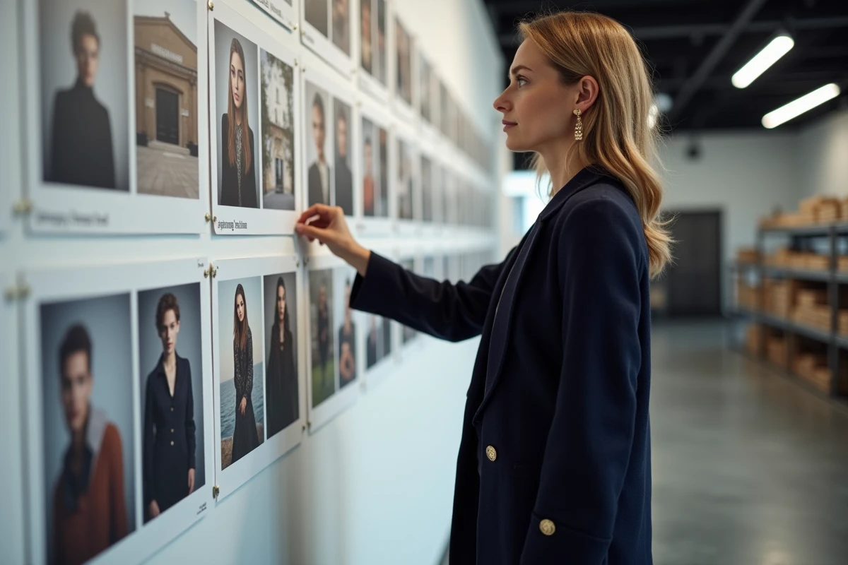 Beatrice Vonderweidt devant un mur d'archives photographiques dans une galerie éditoriale contemporaine